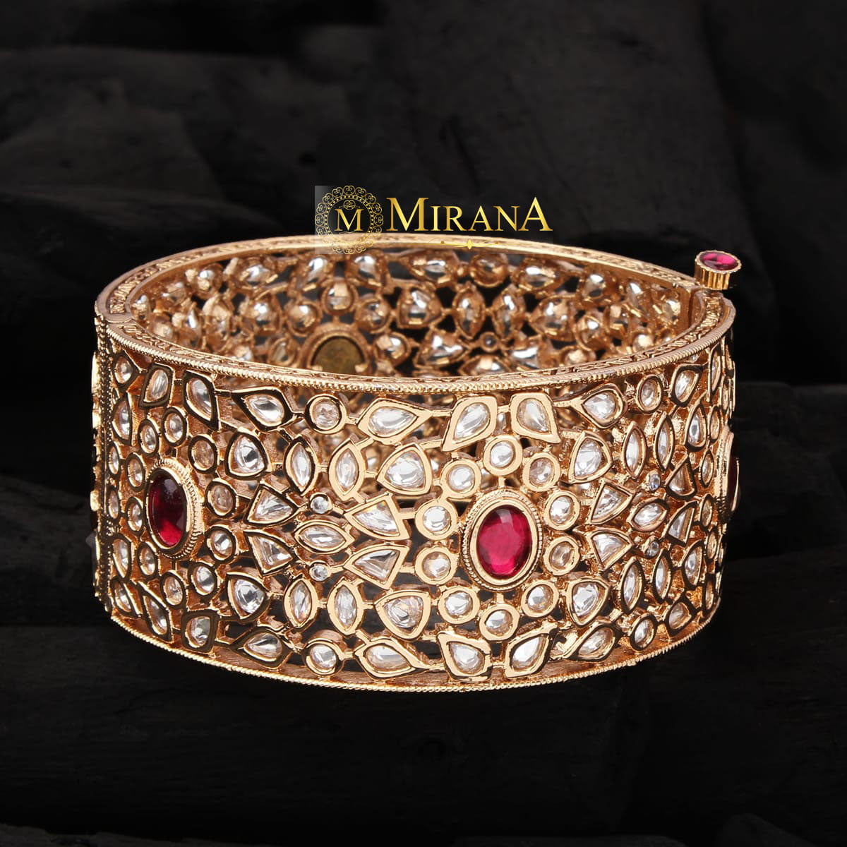 Rubans Set Of 2 24K Gold-Plated & Beige Stone-Studded Filigree Handcrafted Broad  Bangles - Absolutely Desi