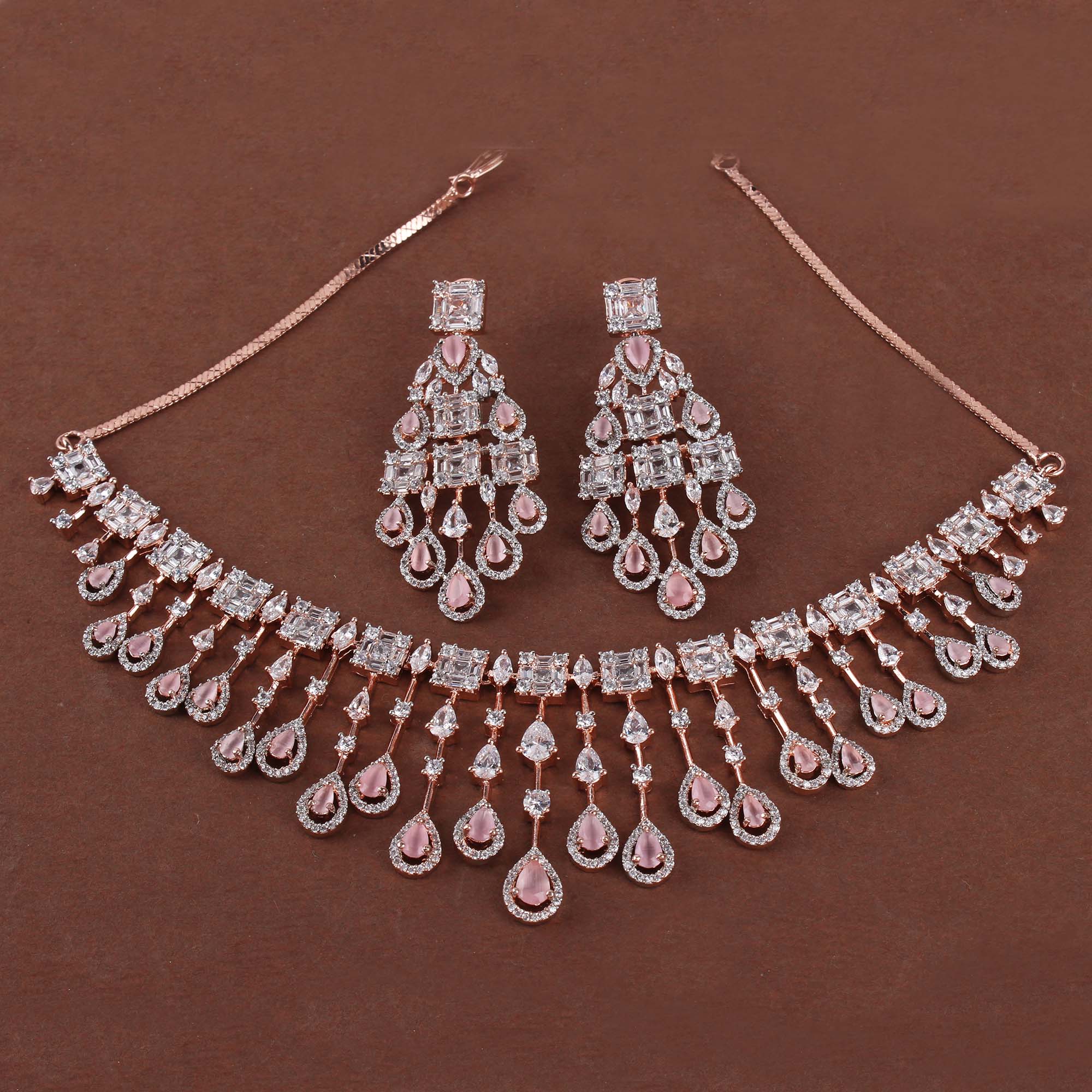 CZ Waterfall Pastel Pink Coloured Necklace Set | Mirana
