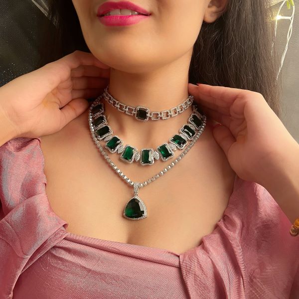 Green Emerald Long Multi Layered Necklace