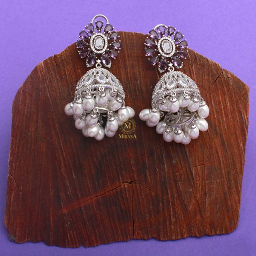 Jazzy Lavender Pearl CZ Designer Jhumkas