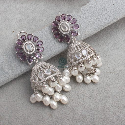 Jazzy Lavender Pearl CZ Designer Jhumkas - Image 2