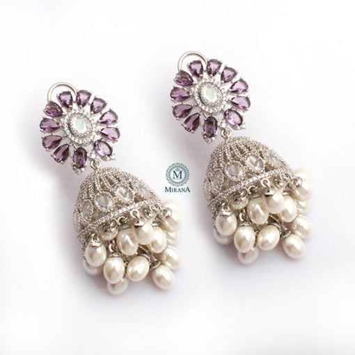 Jazzy Lavender Pearl CZ Designer Jhumkas - Image 3