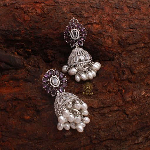 Jazzy Lavender Pearl CZ Designer Jhumkas - Image 6