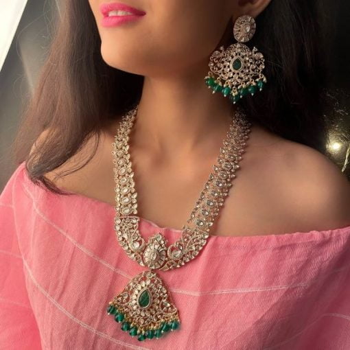 Vedanshi Green Polki Long Necklace Set