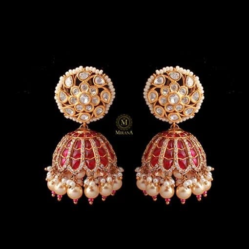 Adya Ruby Pearl Polki Designer Jhumkas