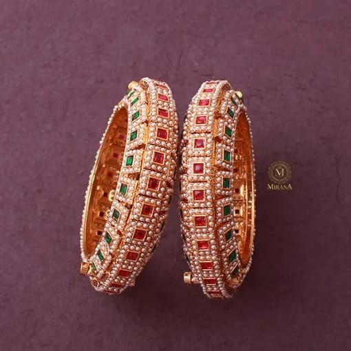 Niharika Ruby Green Pearl Antique Bangles