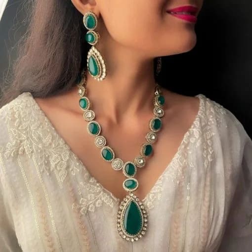 Tejasvi Emerald Green Polki Long Necklace Set