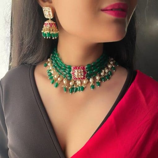 Sonakshi Pearl Layered Polki Designer Choker Set