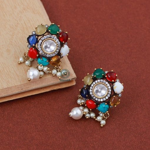 Tanvi Navratan Pearl Polki Designer Studs