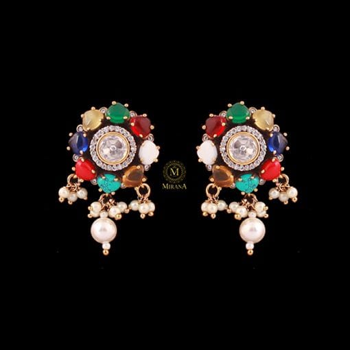 Tanvi Navratan Pearl Polki Designer Studs - Image 3