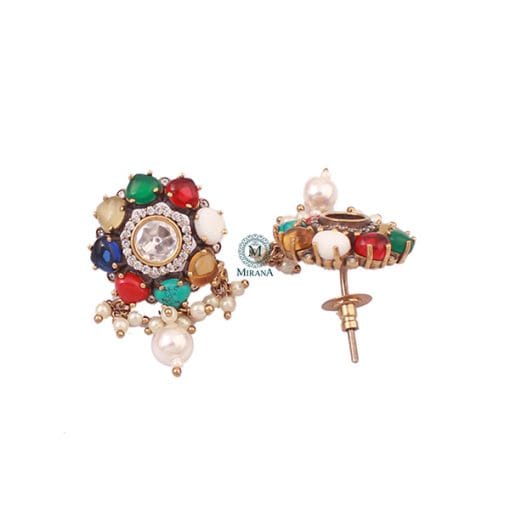 Tanvi Navratan Pearl Polki Designer Studs - Image 4