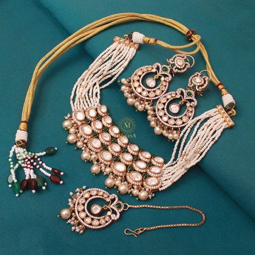 Fida Emerald Green Pearl Polki Designer Choker Set - Image 2