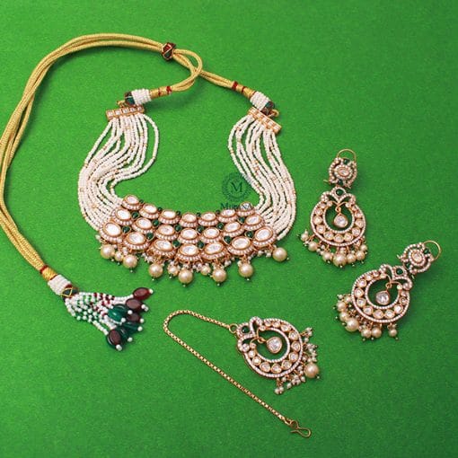 Fida Emerald Green Pearl Polki Designer Choker Set - Image 4