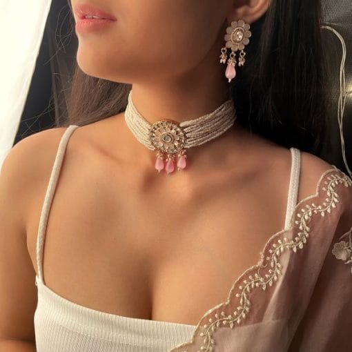 Nishi Pastel Pink Polki Designer Choker Set