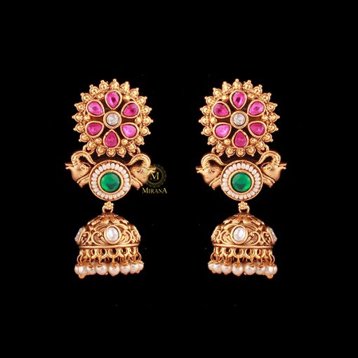 Reena Ruby Green Pearl Antique Jhumkas - Image 2