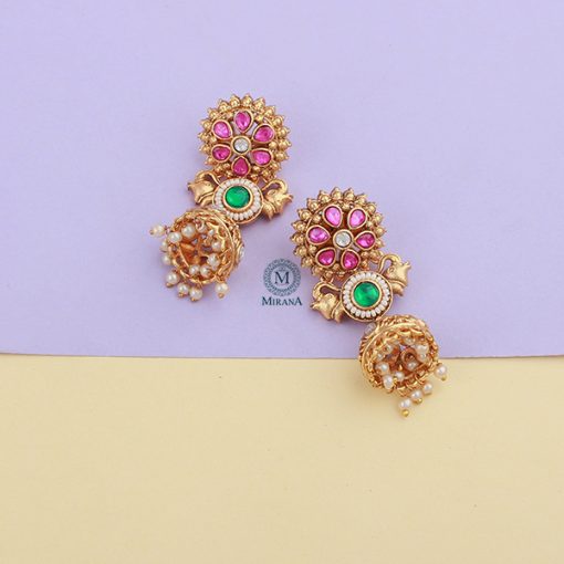 Reena Ruby Green Pearl Antique Jhumkas - Image 3