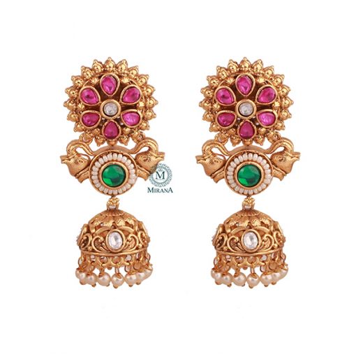 Reena Ruby Green Pearl Antique Jhumkas - Image 4