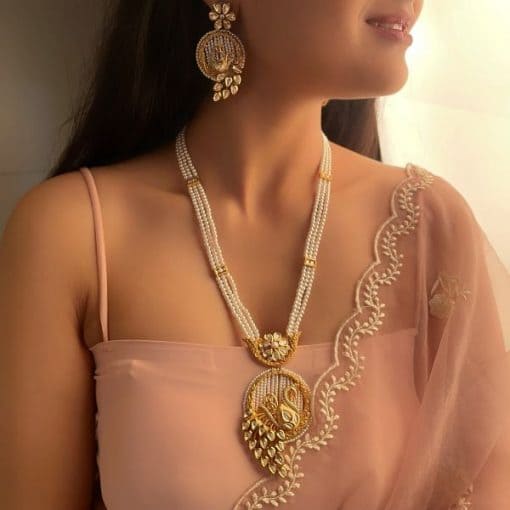 Morvi Pearl Polki Designer Long Necklace Set