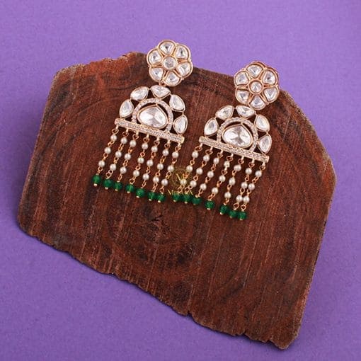 Rupal Green Pearl Polki Tassels Earrings