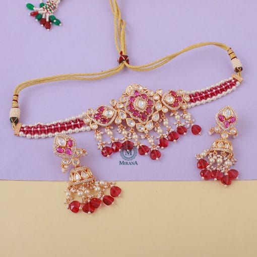 Chahak Ruby Pearl Polki Designer Choker Set - Image 2