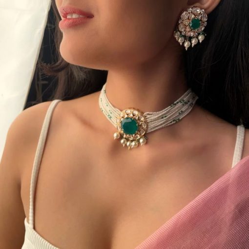 Simmi Emerald Green Polki Designer Choker Set