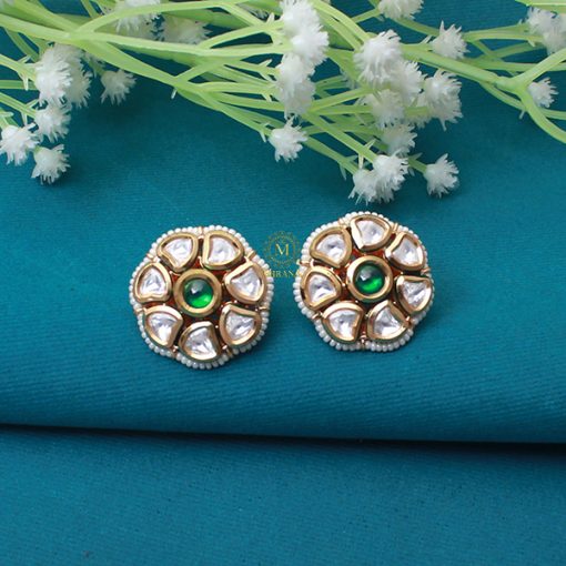 Diya Emerald Green Polki Designer Studs