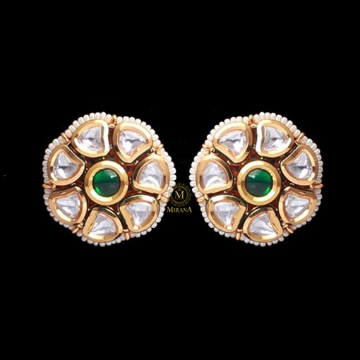 Diya Emerald Green Polki Designer Studs - Image 2