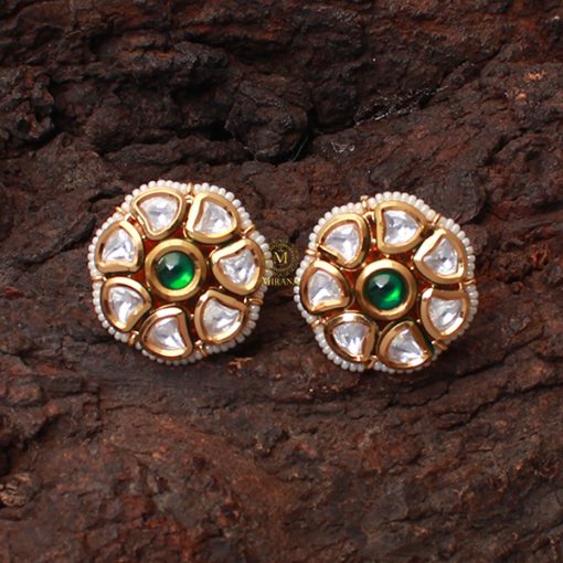 Diya Emerald Green Polki Designer Studs - Image 3