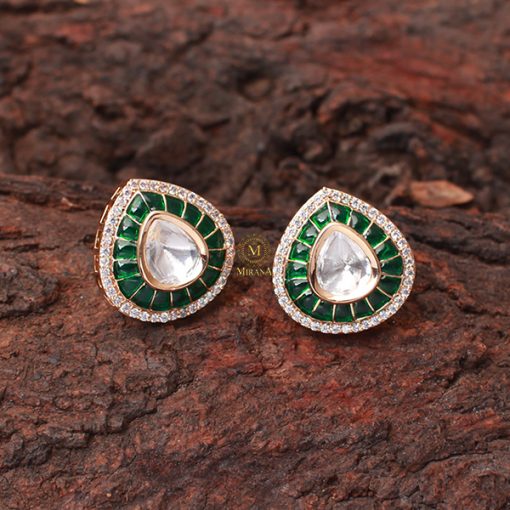 Shivani Emerald Green Polki Designer Studs - Image 3