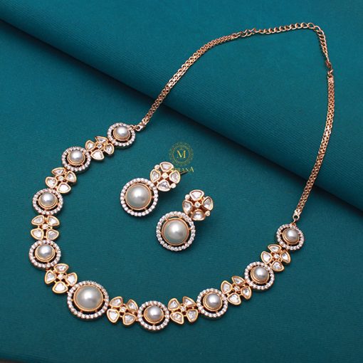 Lavina Pearl Polki Designer Necklace Set - Image 4