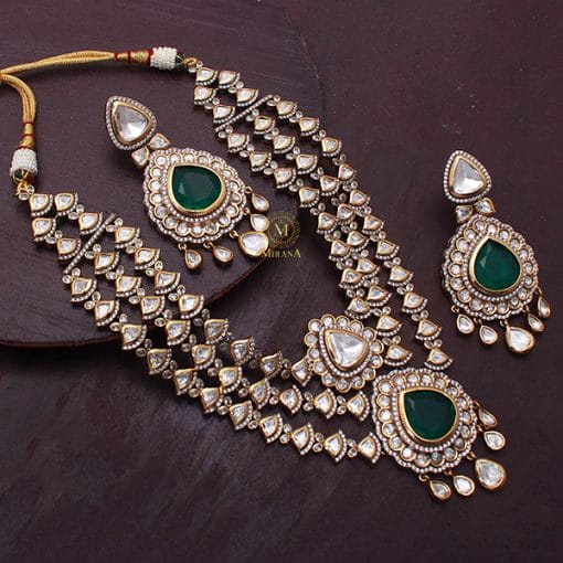 Mallika Emerald Green Layered Polki Necklace Set - Image 2