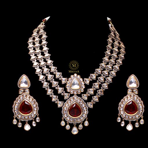 Mallika Ruby Layered Polki Designer Necklace Set - Image 2