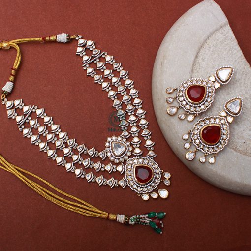 Mallika Ruby Layered Polki Designer Necklace Set - Image 3