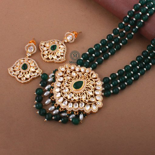 Aditi Emerald Green Pearl Polki Long Necklace Set