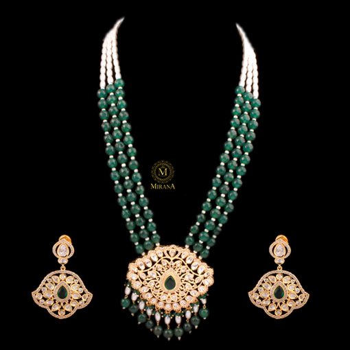 Aditi Emerald Green Pearl Polki Long Necklace Set - Image 3