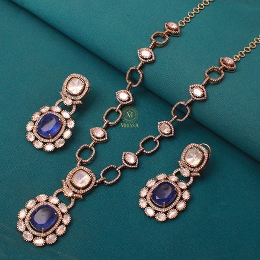 Vanisha Blue Moissanite Designer Necklace Set - Image 3