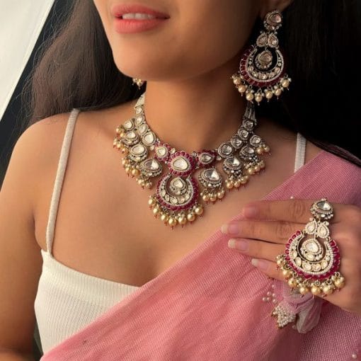 Bidaai Ruby Pearl Antique Designer Necklace Set